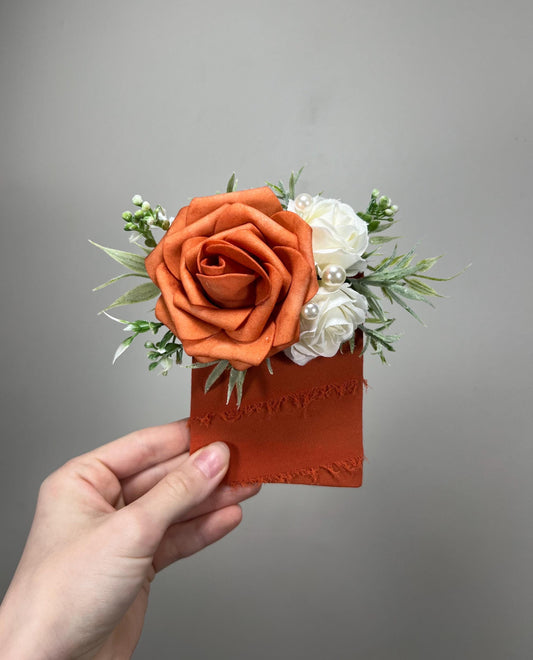 Orange Pocket Boutonniere Wedding Groom Boutonnière Terracotta Square Groomsmen Rust White Pocket Boutonniere Pearl Burnt Orange