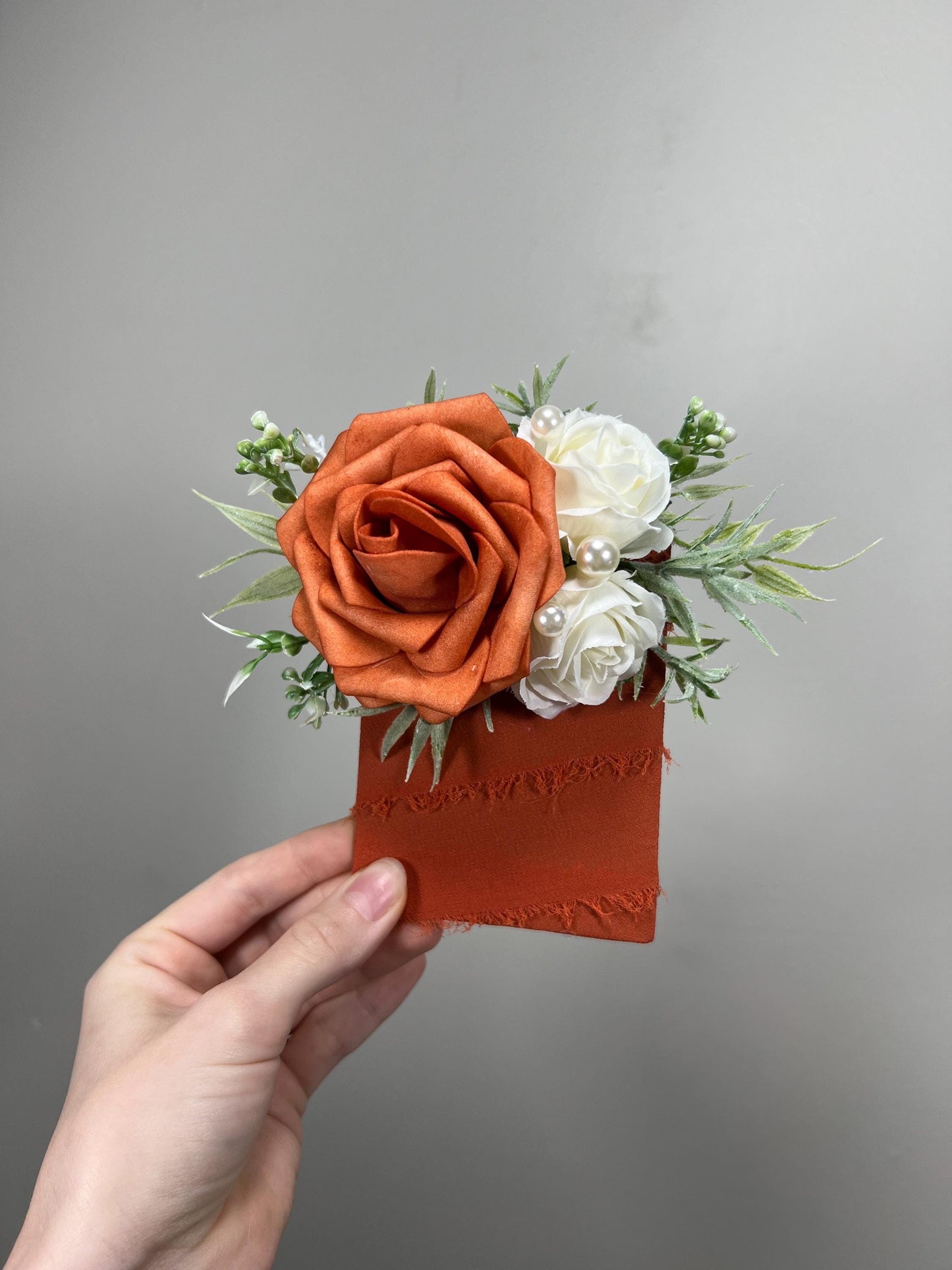 Orange Pocket Boutonniere Wedding Groom Boutonnière Terracotta Square Groomsmen Rust White Pocket Boutonniere Pearl Burnt Orange