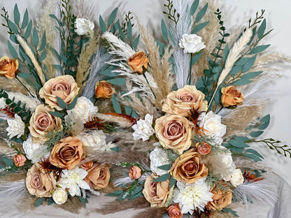 Set of 2 Wedding Aisle Marker Flower Floor Arrangement Barrel Décor Orange White Terracotta Ground Arch