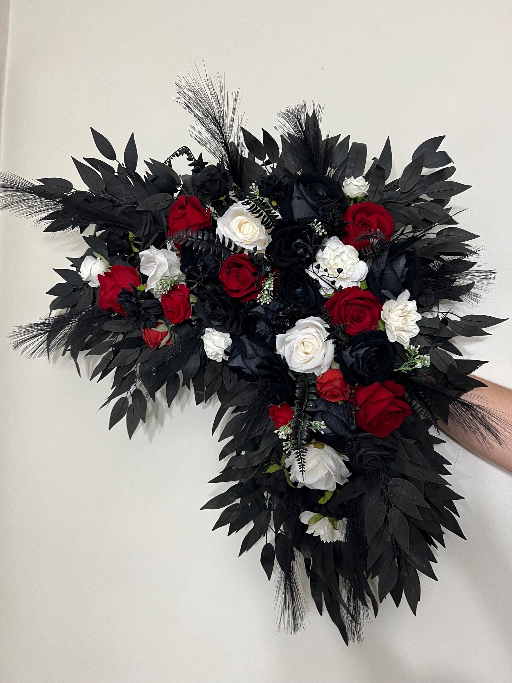 Wedding Arch Arrangement Black Red Arch Aisle Arrangement Curved White Halloween Arbor Arrangement Gothic Black and White Artificial Flowers
