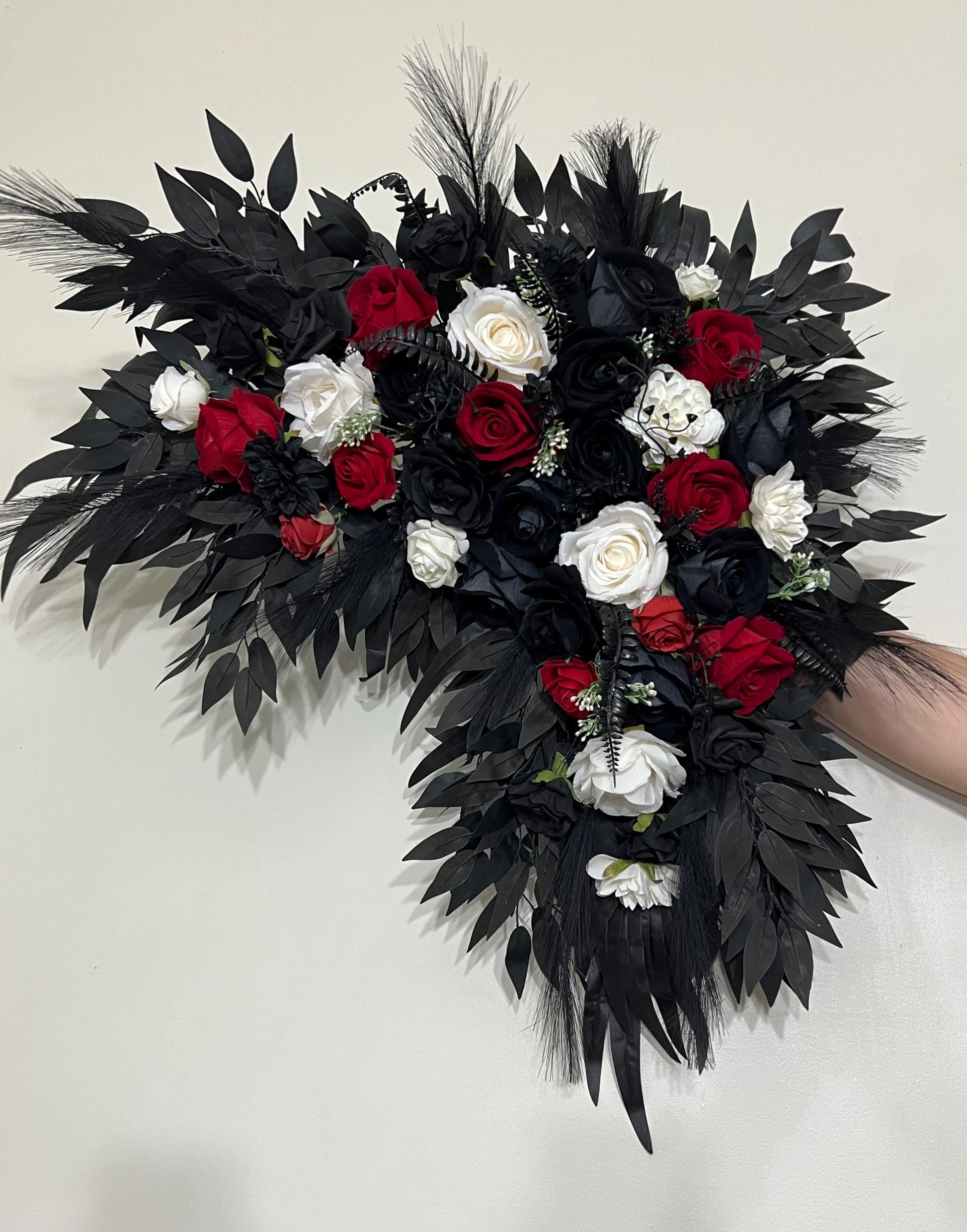 Wedding Arch Arrangement Black Red Arch Aisle Arrangement Curved White Halloween Arbor Arrangement Gothic Black and White Artificial Flowers