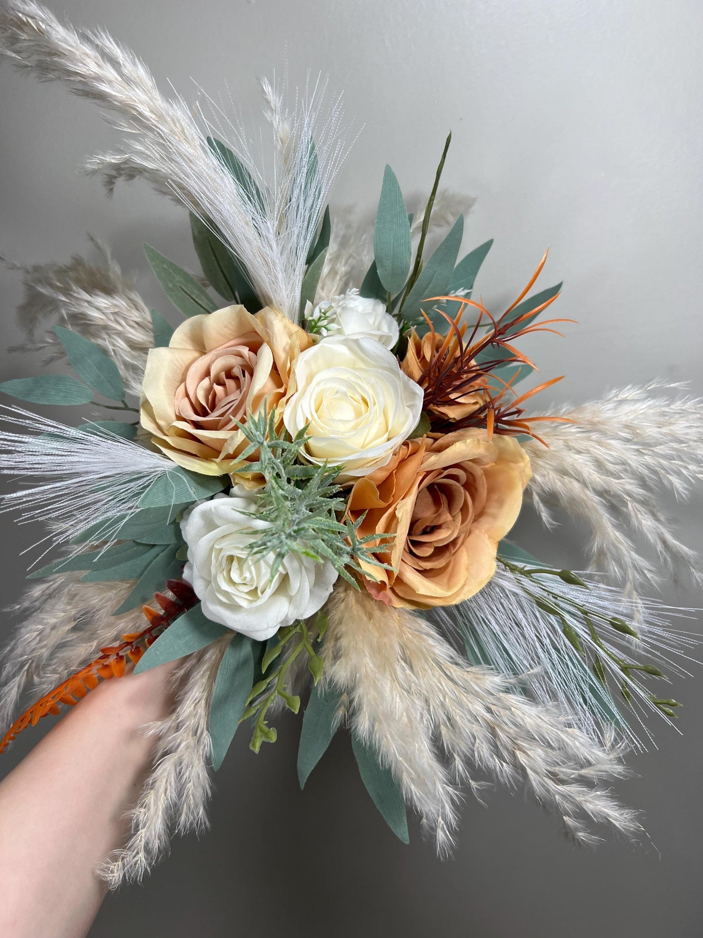 Orange Bouquet Bridal Bouquet White Burnt Orange Ivory Bridesmaids Bouquet Rust Pampas Grass Terracotta Eucalyptus Artificial Flower