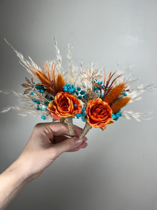 Orange Boutonniere Wedding Turquoise Groom Teal Boutonnière Terracotta Groomsmen Blue Rust Boutonnière Groom Aque Blue Pampas Grass