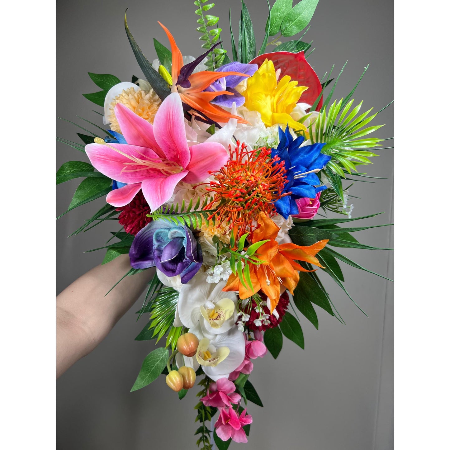 Tropical Bouquet Wedding Fuchsia Orchid Bridesmaids Bouquet Hot Pink Blue Cascade Bouquet Beach White Purple Artificial Flower