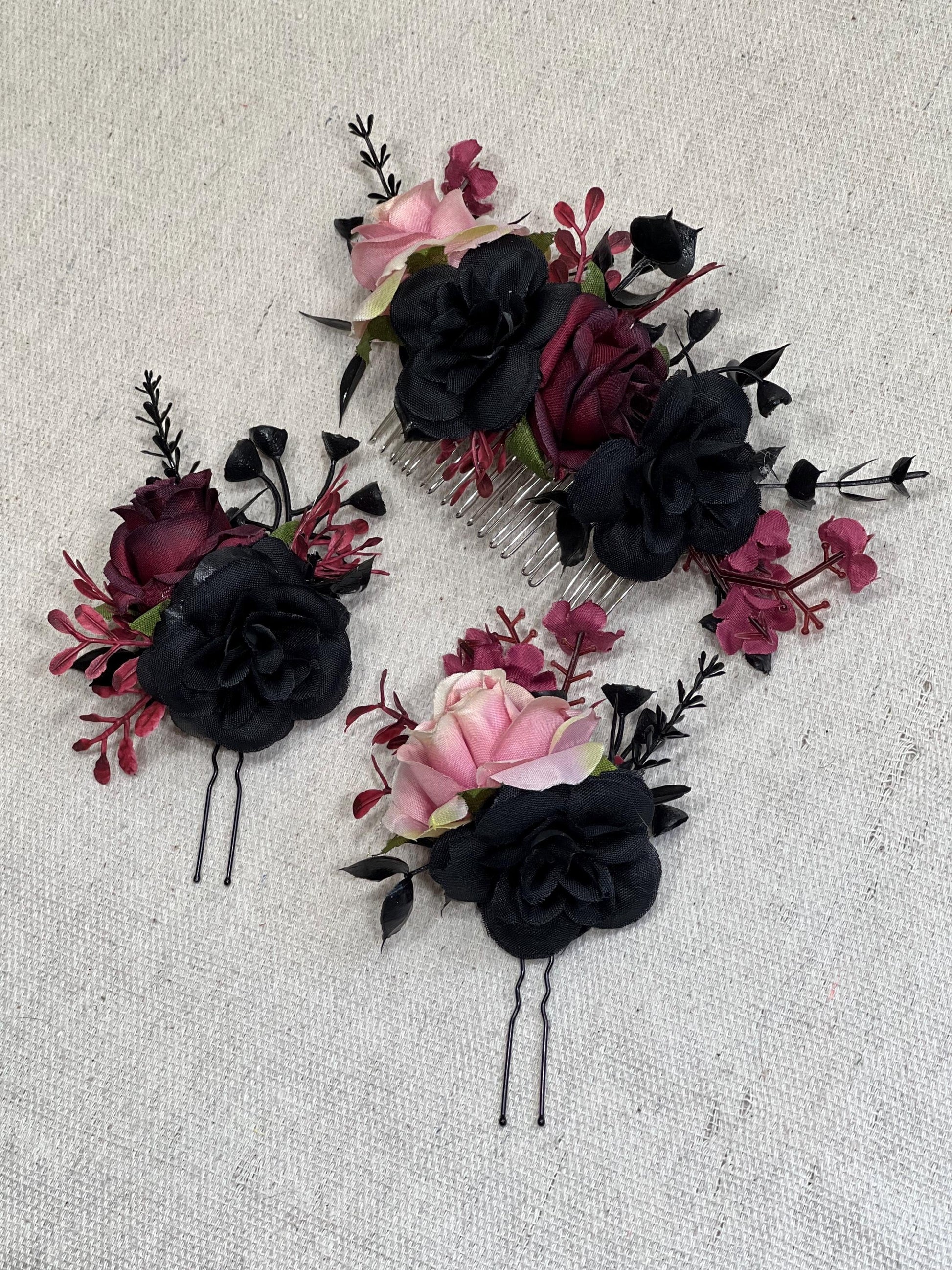 Black Hair Pin Wedding Burgundy Flower Girl Hair Piece Gothic Floral Hair Black Accessories Dusty Rose Bridesmaids Artificial Flower