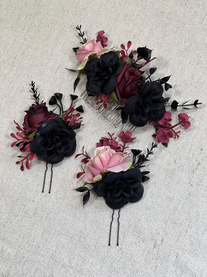 Black Hair Pin Wedding Burgundy Flower Girl Hair Piece Gothic Floral Hair Black Accessories Dusty Rose Bridesmaids Artificial Flower