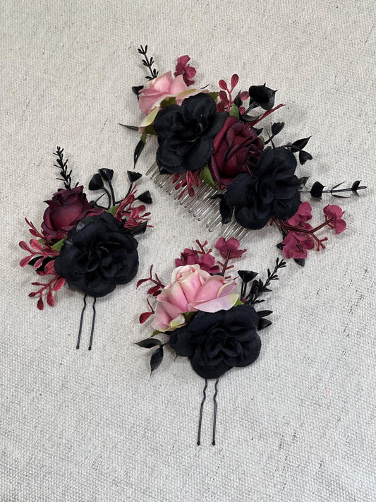 Black Hair Comb Wedding Burgundy Flower Girl Hairpiece Gothic Floral Hair Comb Decorative Black Accessories Dusty Rose Artificial Flower