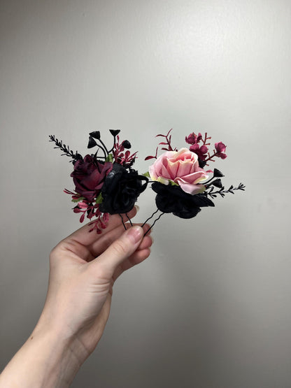 Black Hair Comb Wedding Burgundy Flower Girl Hairpiece Gothic Floral Hair Comb Decorative Black Accessories Dusty Rose Artificial Flower