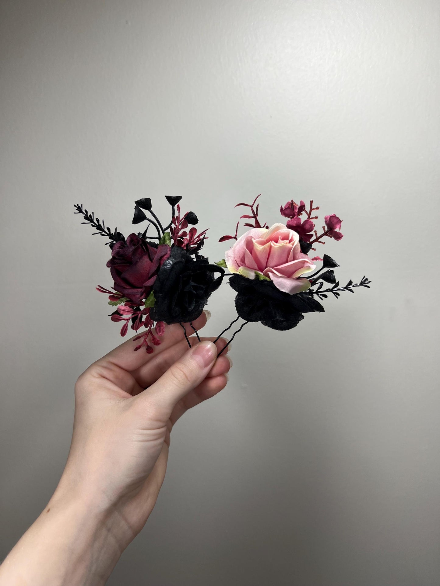 Black Hair Pin Wedding Burgundy Flower Girl Hair Piece Gothic Floral Hair Black Accessories Dusty Rose Bridesmaids Artificial Flower