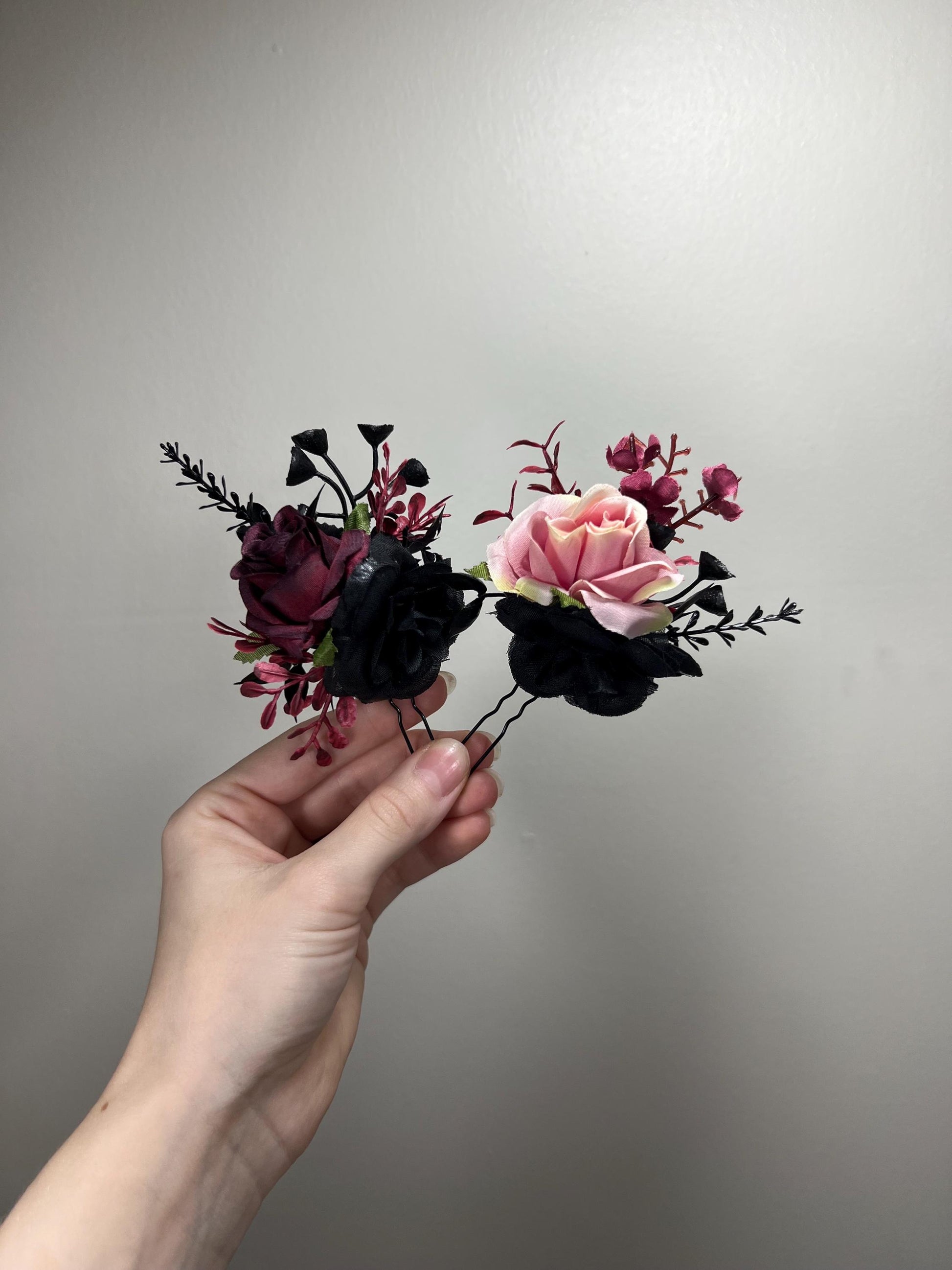 Black Hair Pin Wedding Burgundy Flower Girl Hair Piece Gothic Floral Hair Black Accessories Dusty Rose Bridesmaids Artificial Flower