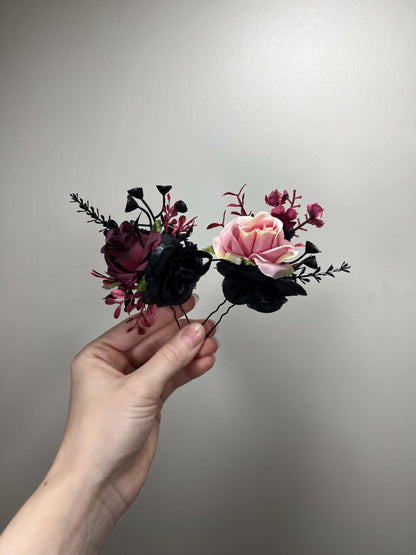 Black Hair Pin Wedding Burgundy Flower Girl Hair Piece Gothic Floral Hair Black Accessories Dusty Rose Bridesmaids Artificial Flower