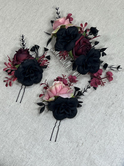 Black Hair Comb Wedding Burgundy Flower Girl Headpiece Gothic Floral Blqck Hair Pin Black Accessories Hair Pin Comb Dusty Rose