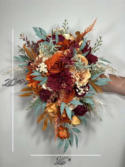 Orange Burgundy Bouquet Bridal Terracotta Cascade Bouquet Bridesmaids Rust Burgundy Burnt Orange Bouquet Fall Eucalyptus Pampas Grass