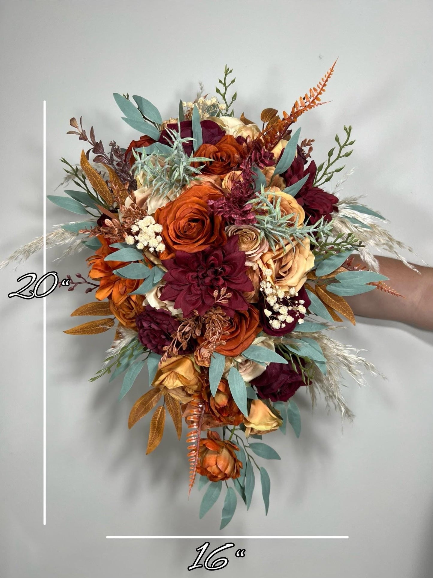 Wedding Bouquet Terracotta Rust Burgundy Burnt Orange Bouquet Bridal Fall Eucalyptus Baby Breath Rose Pampas Grass Artificial Flower Dried