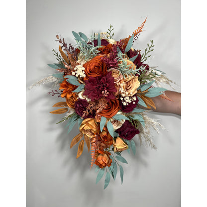 Orange Burgundy Bouquet Bridal Terracotta Cascade Bouquet Bridesmaids Rust Burgundy Burnt Orange Bouquet Fall Eucalyptus Pampas Grass