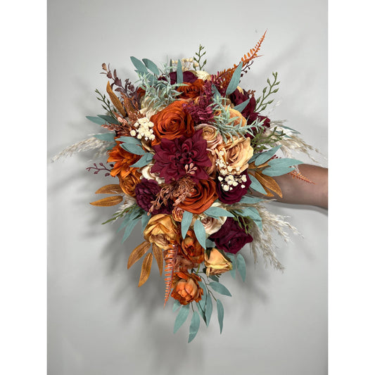 Orange Burgundy Bouquet Bridal Terracotta Cascade Bouquet Bridesmaids Rust Burgundy Burnt Orange Bouquet Fall Eucalyptus Pampas Grass