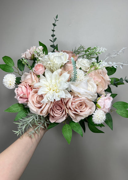 Pink Bouquet Bridal White Bouquet Dusty Rose Blush Bridesmaids Bouquet Pink Spring Summer Dandelion Greenery Artificial Flower