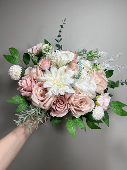 Pink Bouquet Bridal White Bouquet Dusty Rose Blush Bridesmaids Bouquet Pink Spring Summer Dandelion Greenery Artificial Flower