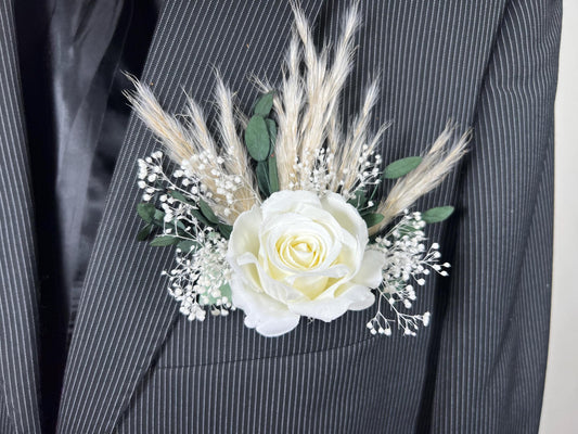 White Pocket Boutonniere White Groom Boutonnière Ivory Square Groomsmen Pocket Eucalyptus Boutonniere Baby Breath Pampas Grass