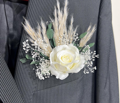 White Pocket Boutonniere White Groom Boutonnière Ivory Square Groomsmen Pocket Eucalyptus Boutonniere Baby Breath Pampas Grass