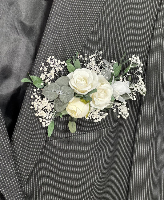 White Pocket Boutonniere Wedding Greenery Groom Boutonnière Square Groomsmen Wedding Ivory Rustic Eucalyptus Baby Breath Artificial Flowers