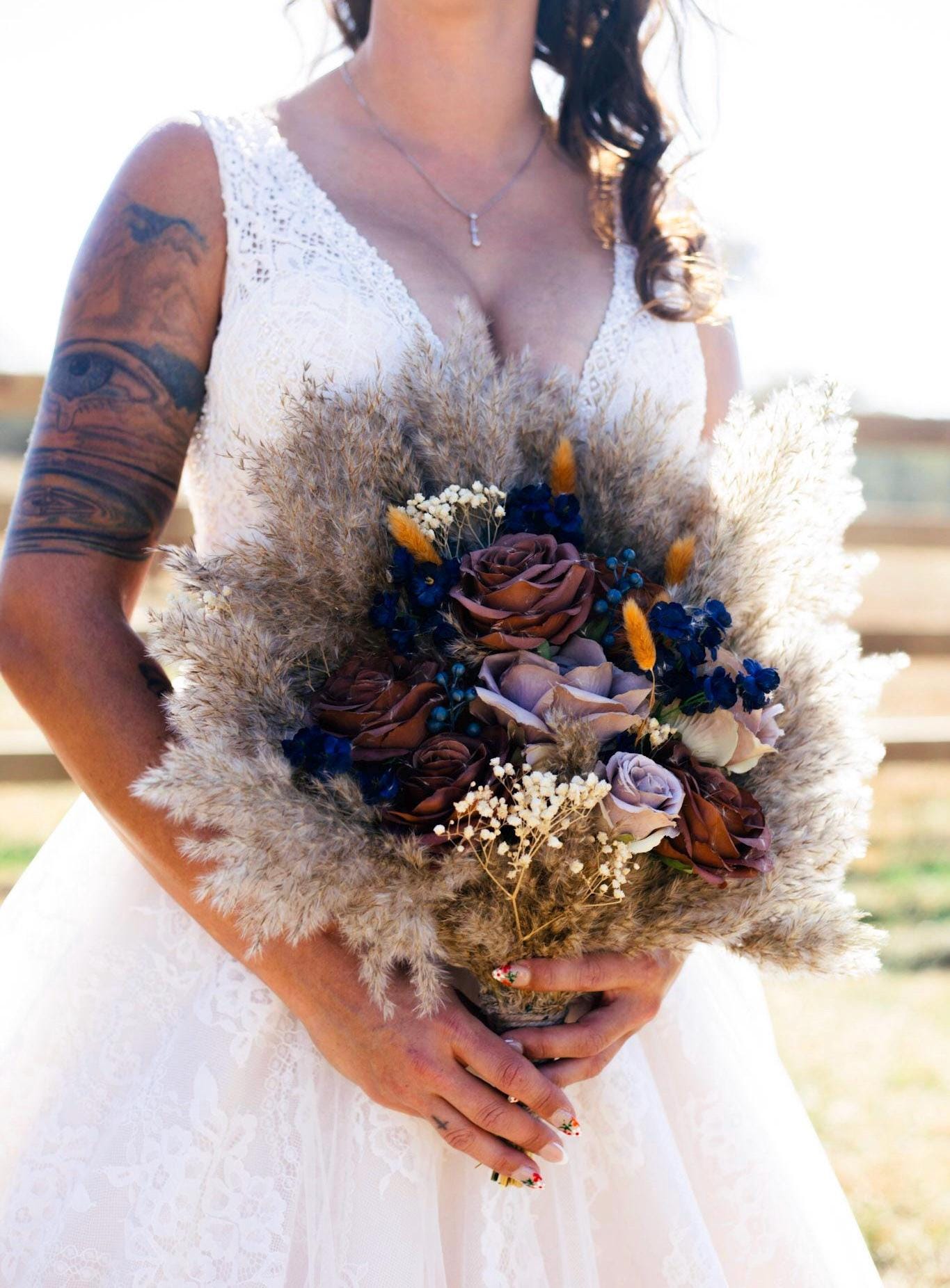 Brown Bouquet Wedding Bridal Terracotta Navy Blue Rust Boho Cinnamon Bouquet Coffee Brown Blue Taupe Artificial Flower Pampas Grass
