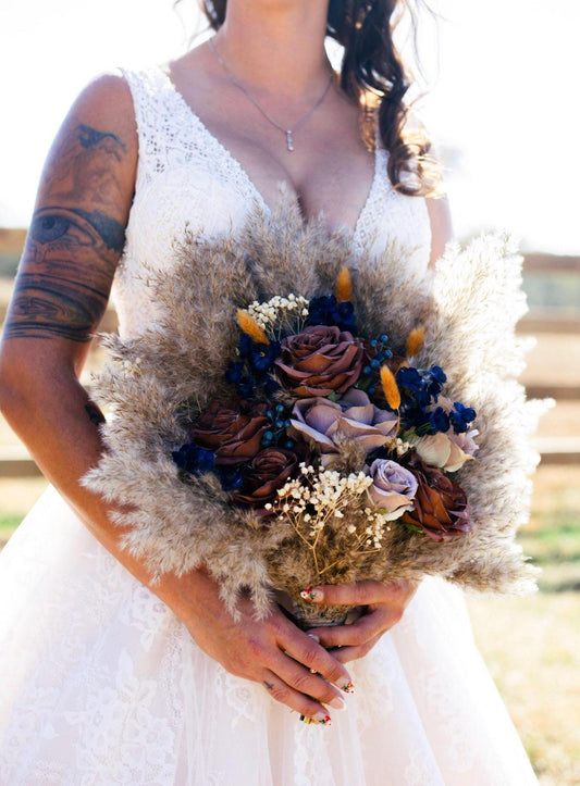 Brown Bouquet Wedding Bridal Terracotta Navy Blue Rust Boho Cinnamon Bouquet Coffee Brown Blue Taupe Artificial Flower Pampas Grass