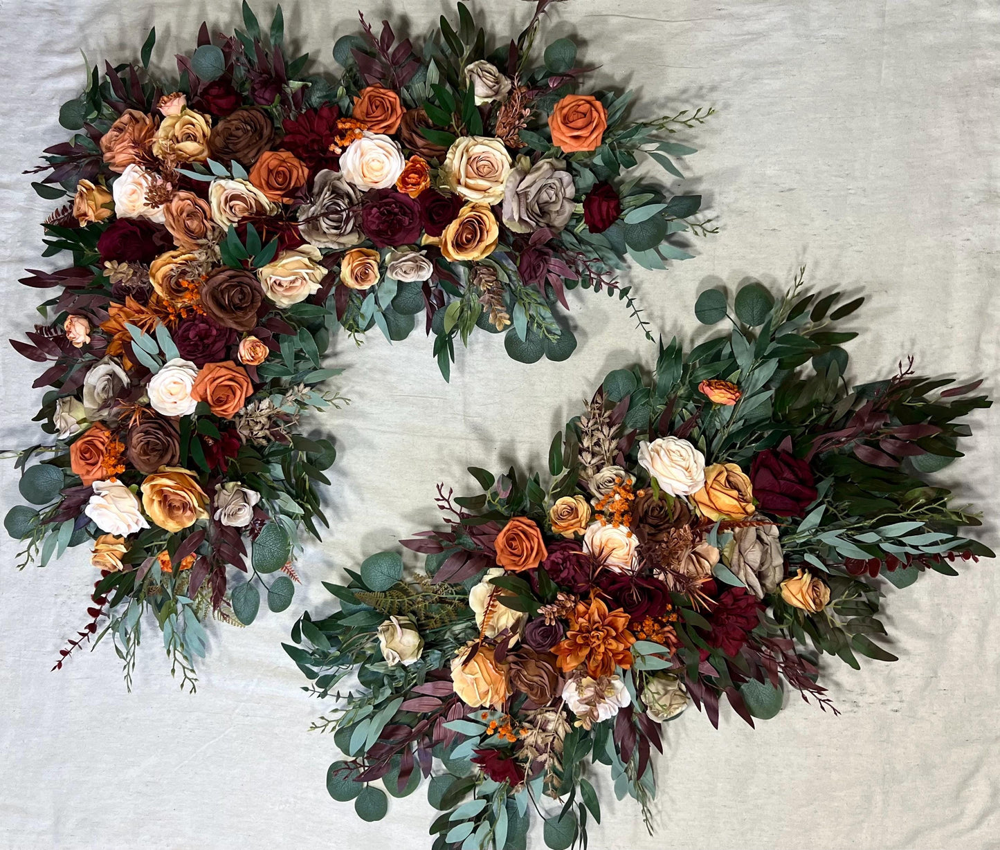 Rust Burgundy Arch Arrangement Champagne Terracotta Arch Aisle Arrangement Brown Orange Decor Burgundy Arbor Arrangement Burnt Orange