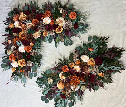 Terracotta Burgundy Arch Arrangements Wedding Rustic Arbor Arrangement Hexagon Flowers Ceremony Artificial Fall Rust Burnt Orange Backdrop