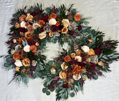 Terracotta Burgundy Arch Arrangements Wedding Rustic Arbor Arrangement Hexagon Flowers Ceremony Artificial Fall Rust Burnt Orange Backdrop