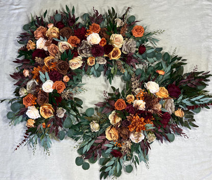 Rust Burgundy Arch Arrangement Champagne Terracotta Corner Arch Aisle Arrangement Brown Orange Decor Burgundy Arbor Arrangement Burnt Orange