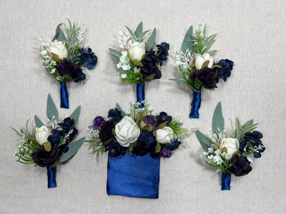 Blue Corsage Wedding Groom Navy Blue White Corsage Purple Ivory Corsage Plum Artificial Flowers