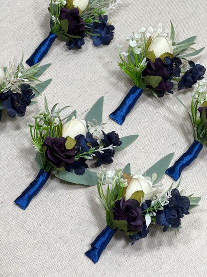 Blue Corsage Wedding Groom Navy Blue White Corsage Purple Ivory Corsage Plum Artificial Flowers