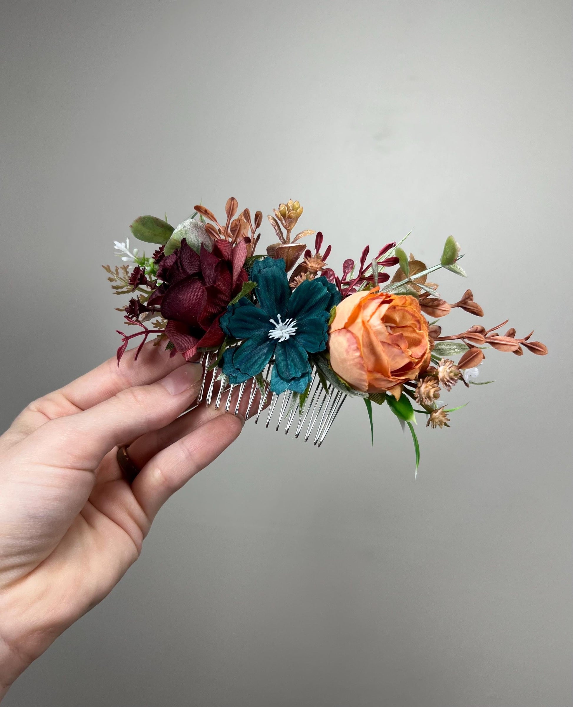 Flower Comb Wedding Dark Teal Head Piece Hair Comb Teal Burgundy Bridal Wedding Burnt Orange Teal Hair Accessories Hair Comb