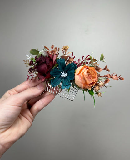 Flower Comb Wedding Dark Teal Head Piece Hair Comb Teal Burgundy Bridal Wedding Burnt Orange Teal Hair Accessories Hair Comb