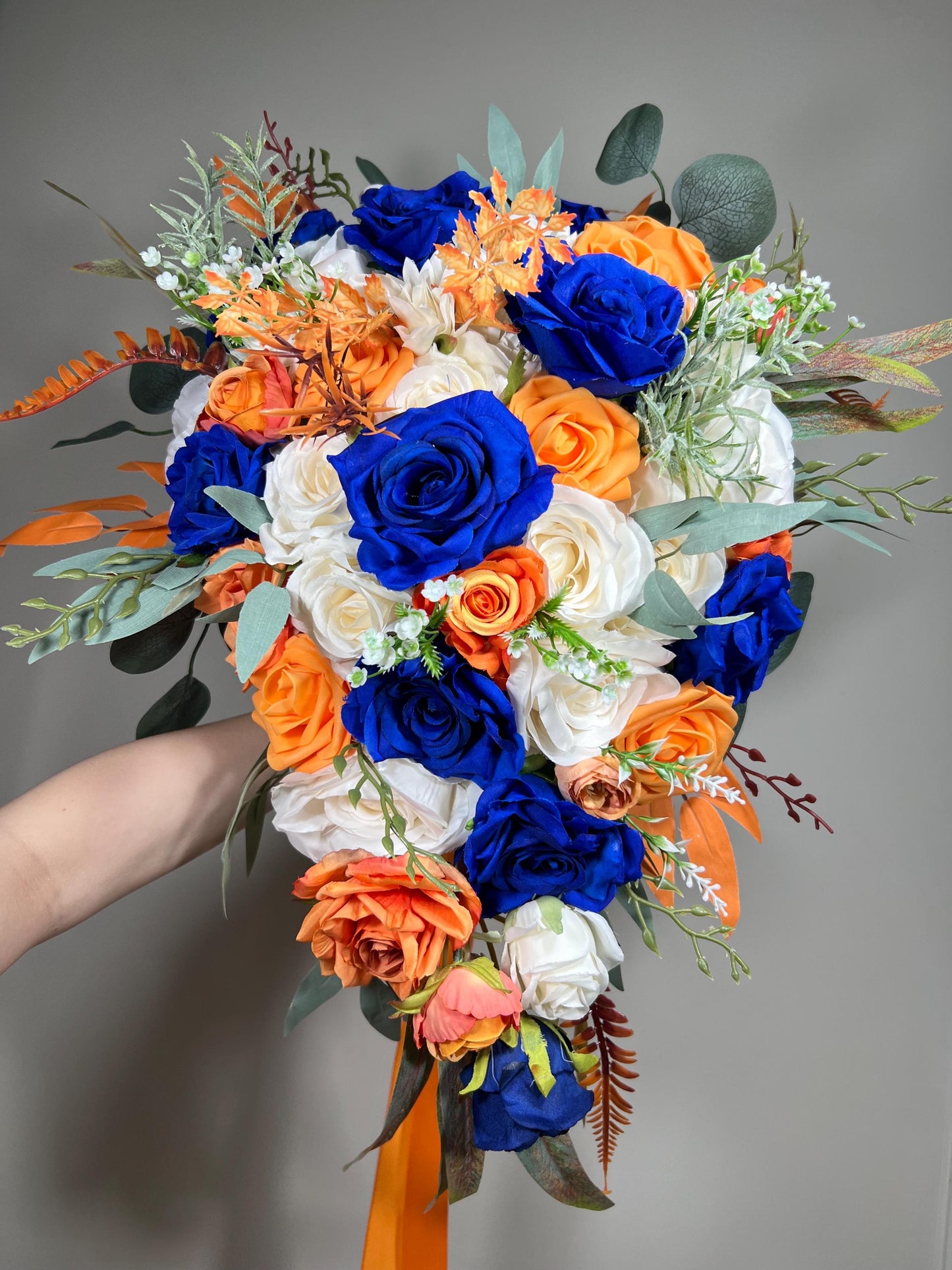 Blue Orange Bouquet Wedding Bridal Bouquet Royal Blue White Bouquet Cascade Bridesmaids Burnt Orange Bouquet Royal Blue Navy