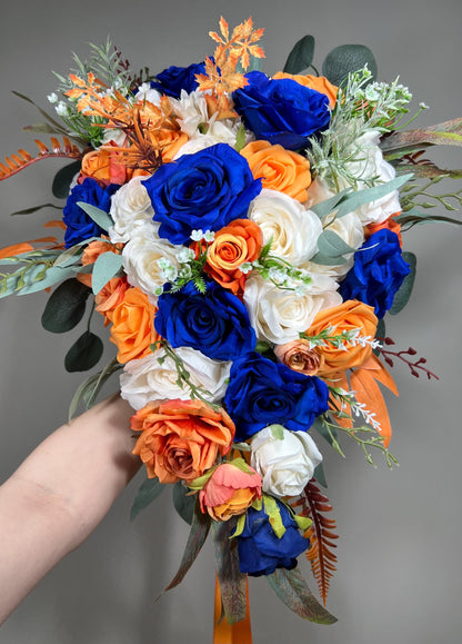 Blue Orange Bouquet Wedding Bridal Bouquet Royal Blue White Bouquet Cascade Bridesmaids Burnt Orange Bouquet Royal Blue Navy