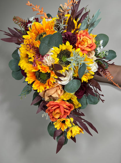 Sunflower Bouquet Wedding Bridal Boho Sunflower Cascade Bouquet Fall Burgundy Sunflower Bridesmaids Bouquet White Artiricial Flower