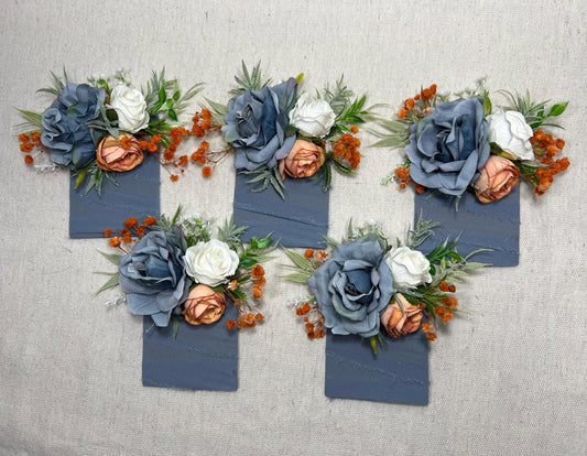 Blue Orange Pocket Boutonniere Wedding Dusty Blue Terracotta Groom Boutonnière Square White Groomsmen Blue Burnt Orange Boutonniere