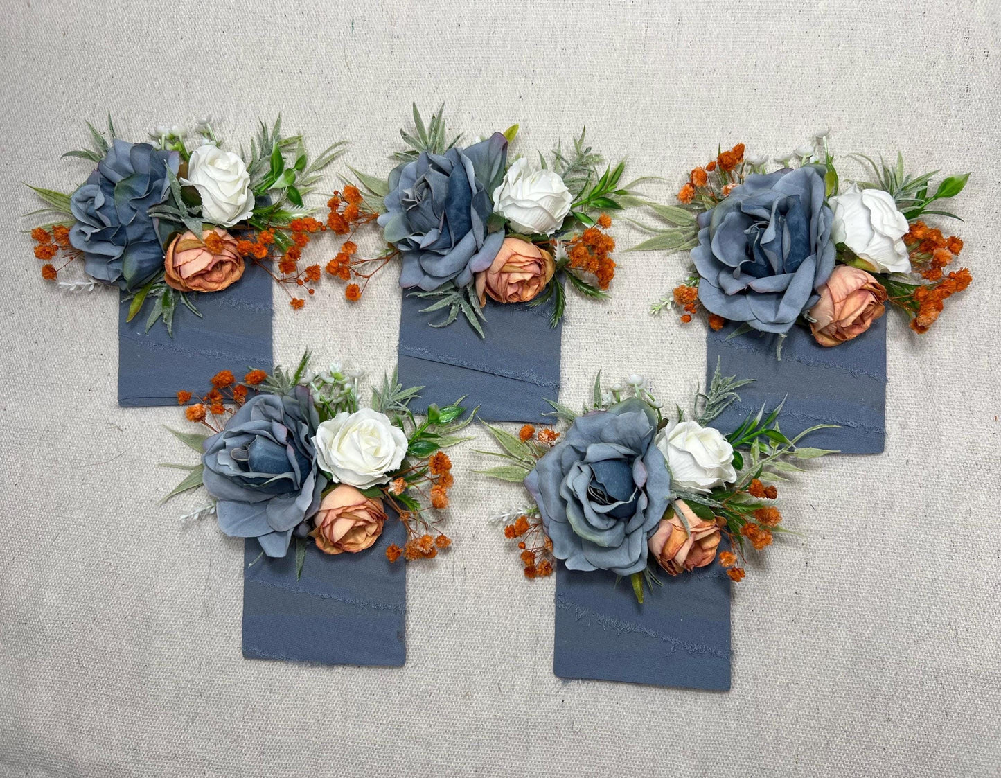 Dusty Blue Orange Corsage Wedding Blue Terracotta Wrist Corsage Dusty Blue Burnt Orange Corsage Bridesmaids White Blue Orange Mom Corsage