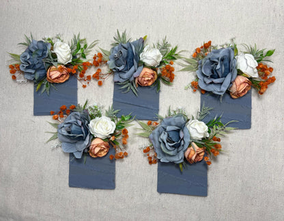 Dusty Blue Orange Corsage Wedding Blue Terracotta Wrist Corsage Dusty Blue Burnt Orange Corsage Bridesmaids White Blue Orange Mom Corsage