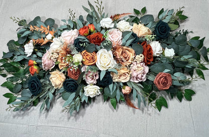 Orange Teal Arch Arrangement Wedding Decor Dark Teal Terracotta Centerpiece Burnt Orange Arbor Arrangement Rust Eucalyptus Dark Teal