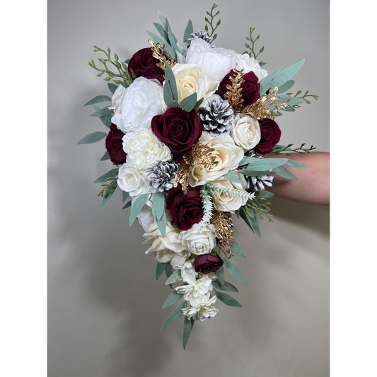 Wedding Cascade Christmas Bouquet Cascading White Winter Burgundy Christmas Bridal Ivory Rustic Bridesmaids Bouquet Gold Christmas Pine Cone