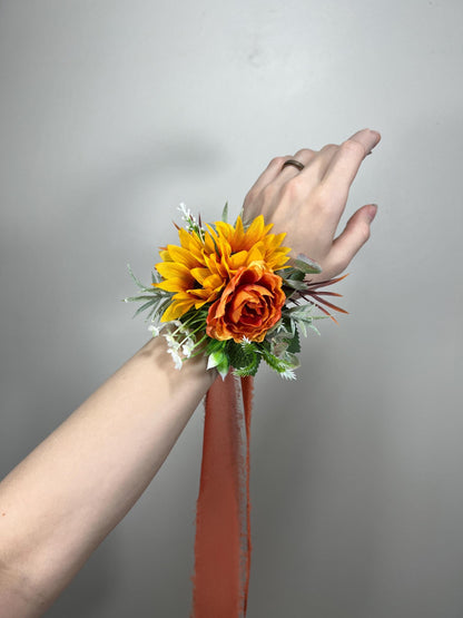 Sunflower Corsage Wedding Wrist Corsage Sunflower Bridesmaids Corsage Burnt Orange Corsage Terracotta Sunflower Rust Artifitical Flower