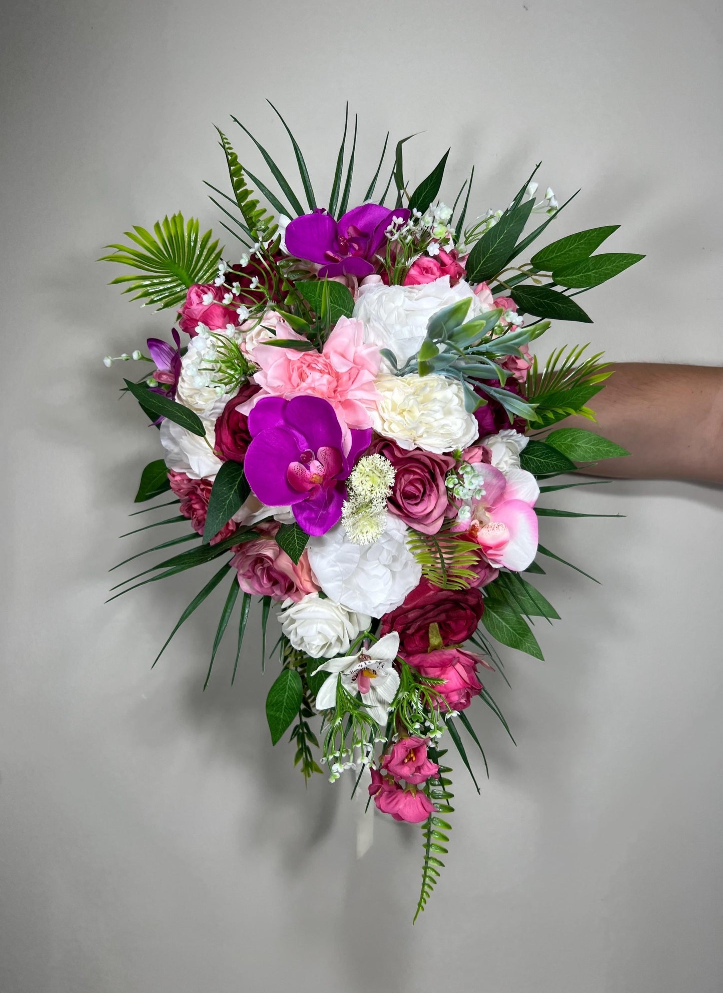 Tropical Bouquet Wedding Fuchsia Orchid Bridesmaids Bouquet Hot Pink Purple Cascade Bouquet Beach White Viva Magenta Artificial Flower