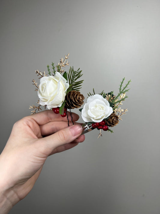 White Hair Pin Wedding Christmas Flower Girl Headpiece White Floral Bridesmaids Hair Pin Pine Cone Accessories Gold Artificial Flowers