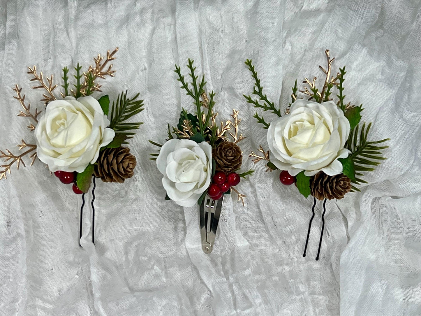 White Hair Pin Wedding Christmas Flower Girl Headpiece White Floral Bridesmaids Hair Pin Pine Cone Accessories Gold Artificial Flowers