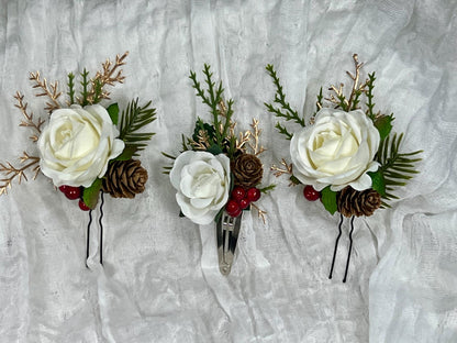 White Hair Pin Wedding Christmas Flower Girl Headpiece White Floral Bridesmaids Hair Pin Pine Cone Accessories Gold Artificial Flowers