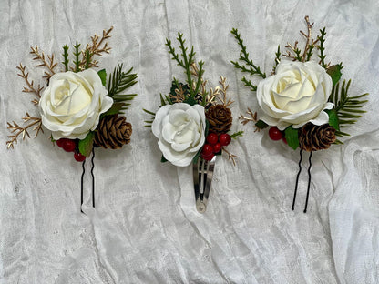 White Hair Pin Wedding Christmas Flower Girl Headpiece White Floral Bridesmaids Hair Pin Pine Cone Accessories Gold Artificial Flowers