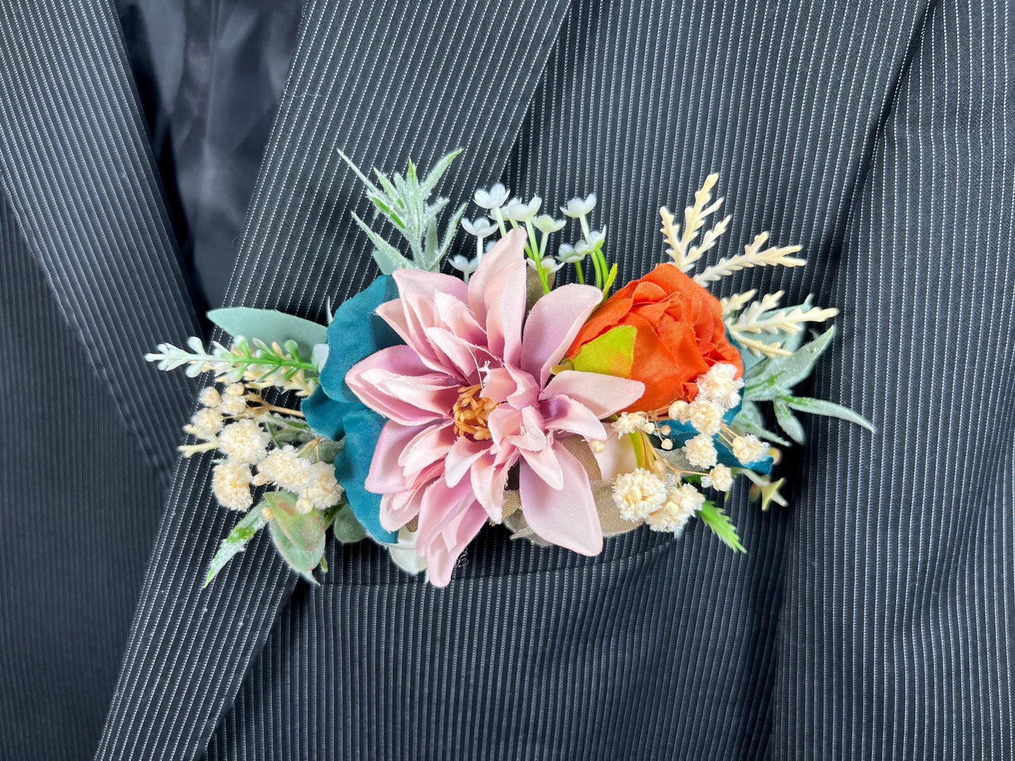 Teal Rust Corsage Wedding Dusty Rose Terracotta Corsage White Gold Dark Teal Boutonniere Rust Teal Artifical Flower